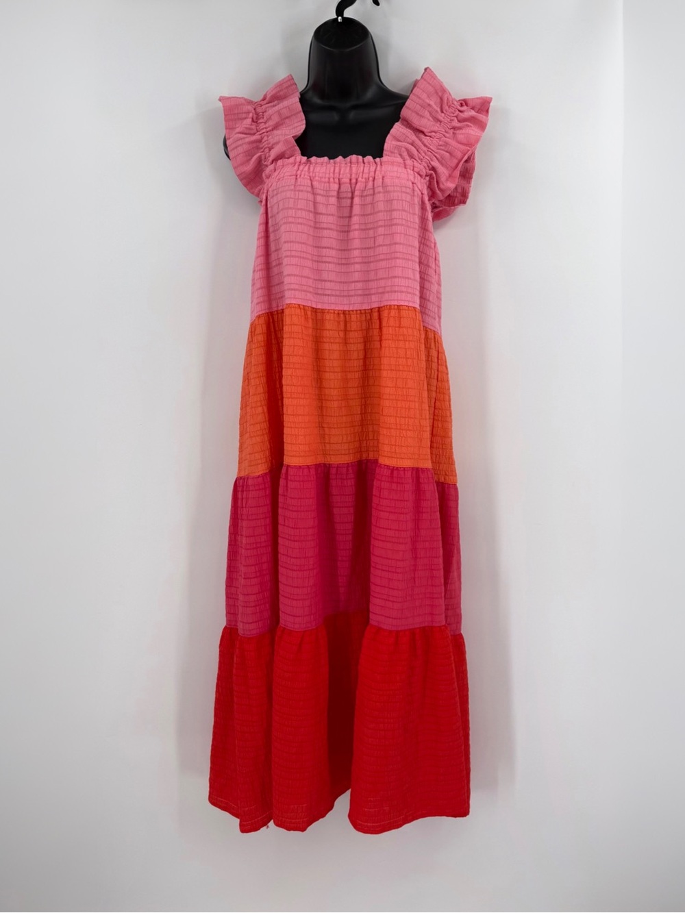 THML Colorblock Tiered Ruffle Strap Square Neck Midi Dress | Pink / Orange | S